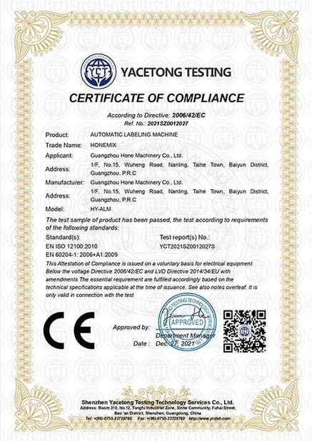 Chine Guangzhou Hone Machinery Co., Ltd. certifications