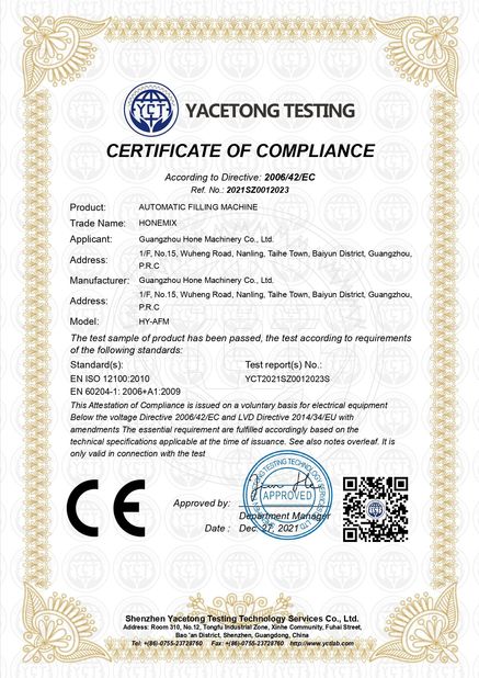 Chine Guangzhou Hone Machinery Co., Ltd. certifications