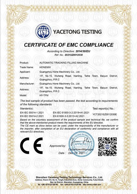 Chine Guangzhou Hone Machinery Co., Ltd. certifications