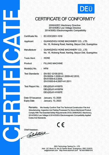 Chine Guangzhou Hone Machinery Co., Ltd. certifications