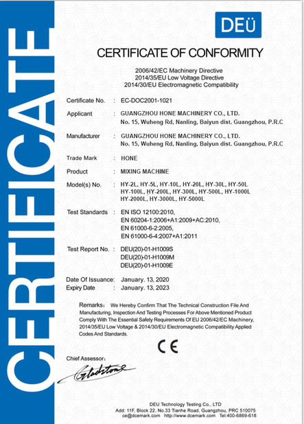 Chine Guangzhou Hone Machinery Co., Ltd. certifications